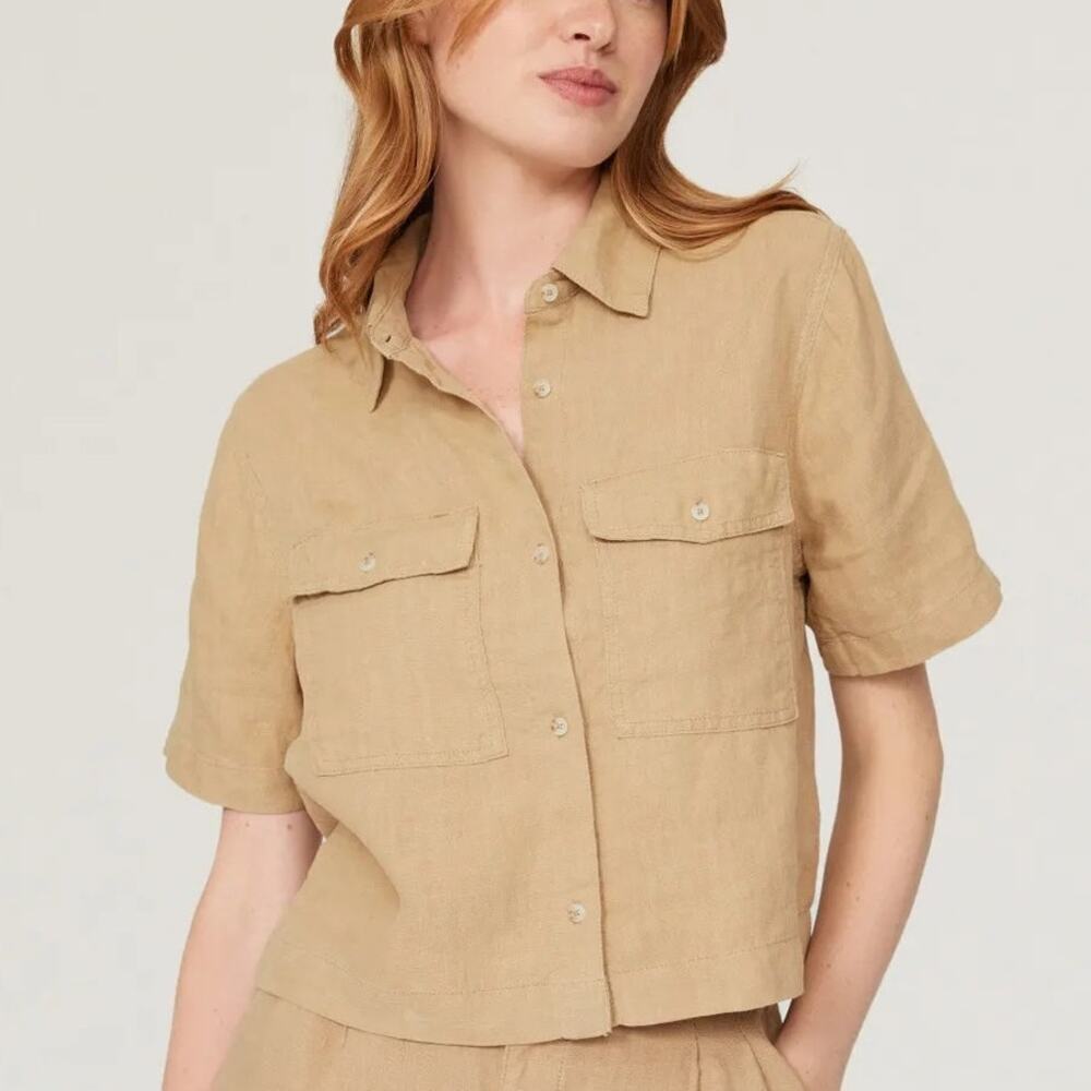 DL1961 Montauk Shirt 100% Linen Short Sleeve Button Front Safari Top Brown M